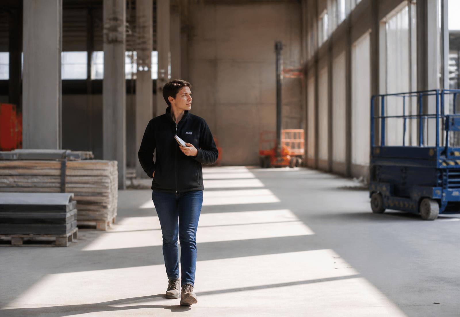 Consultante en visite de terrain dans un bâtiment industriel